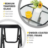 Round patio side table with tempered glass top and powder-coated steel frame, perfect for outdoor use and easy storage.