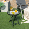 Round patio side table with tempered glass tabletop and rustproof steel frame, perfect for outdoor use and easy storage.