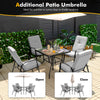 Patio dining set with umbrella featuring stackable cushioned chairs and tempered glass tabletop, ideal for outdoor use.
