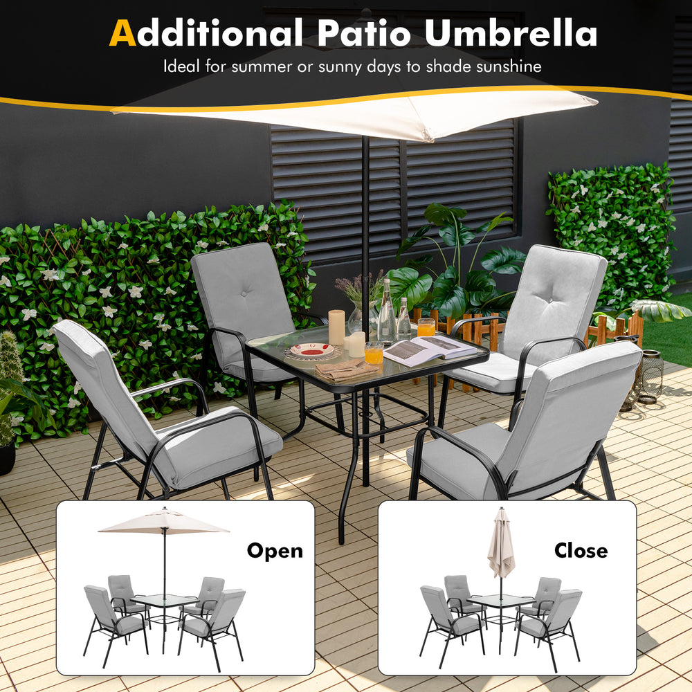 Patio dining set with umbrella featuring stackable cushioned chairs and tempered glass tabletop, ideal for outdoor use.