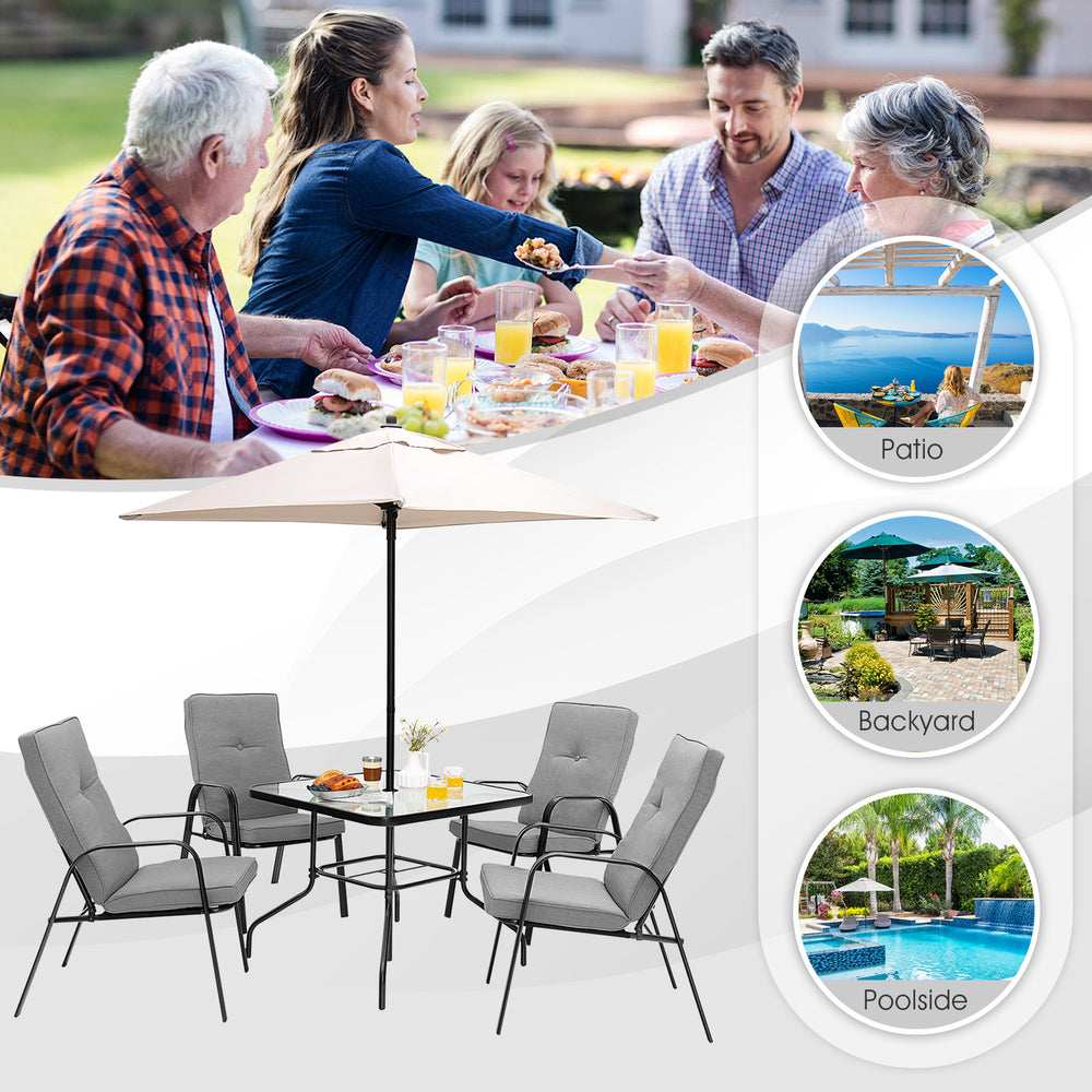 6-piece patio dining set featuring cushioned stackable chairs and an umbrella, perfect for outdoor gatherings.