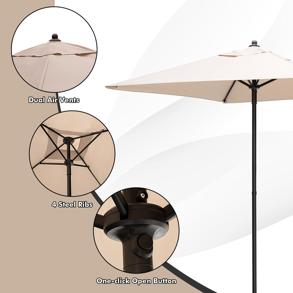 Close-up of the patio umbrella with dual air vents and one-click open button, ideal for outdoor dining and sun.
