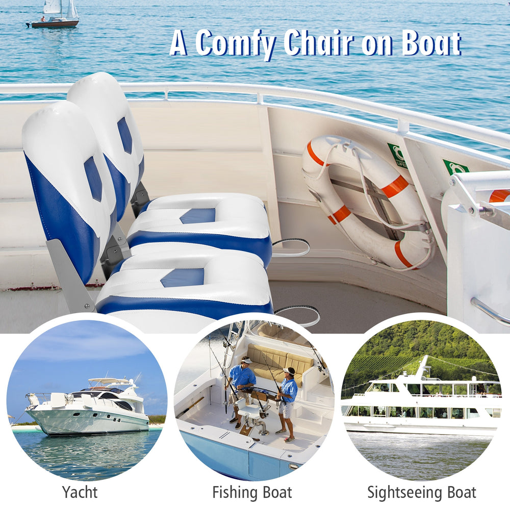 Set of 2 blue folding low back fishing boat seats with ergonomic backrest, ideal for marine use and comfort.