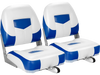 Set of 2 blue and white folding low back fishing boat seats with ergonomic support, ideal for outdoor use.