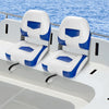 Set of 2 blue folding low back fishing boat seats with ergonomic design and durable PVC for outdoor use.