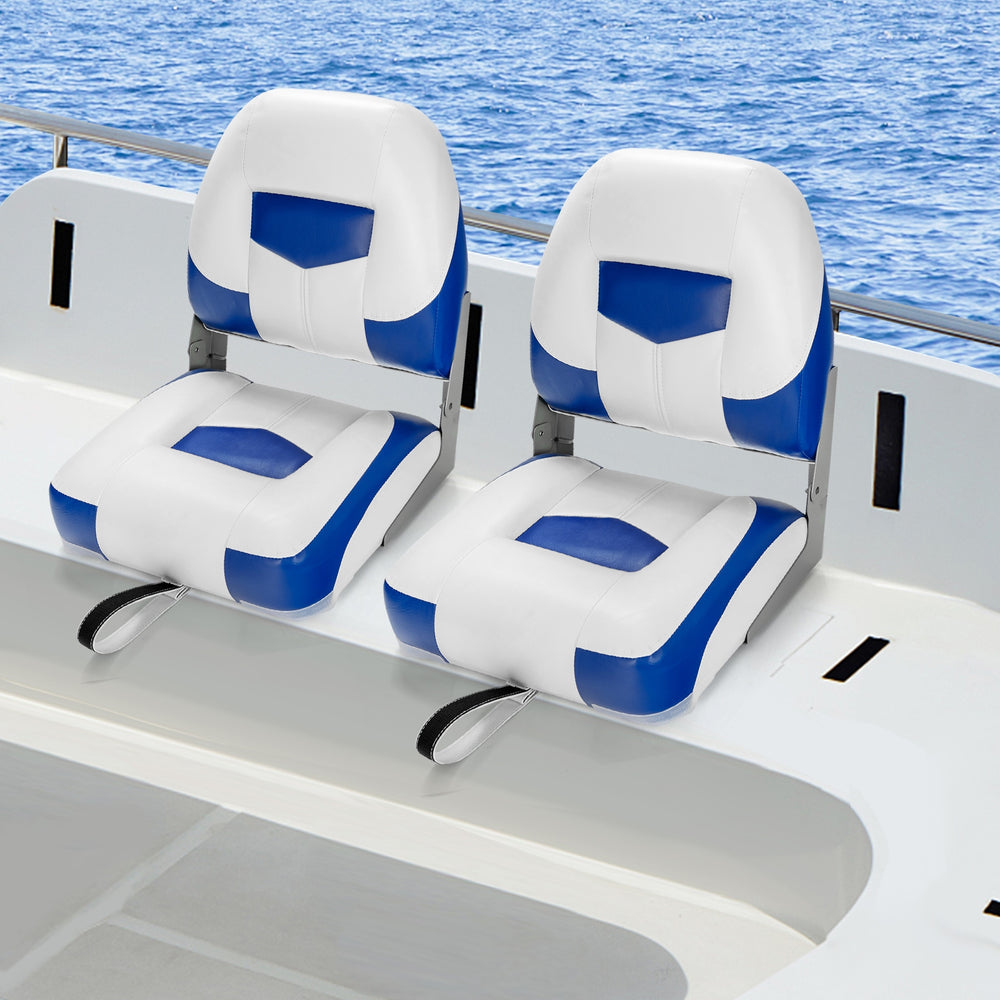 Set of 2 blue folding low back fishing boat seats with ergonomic design and durable PVC for outdoor use.