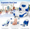 Folding low back fishing boat seat set in blue with ergonomic design, thick padding, and durable PVC for outdoor use.