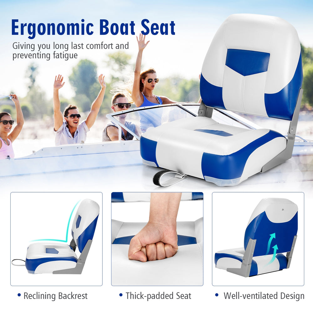 Folding low back fishing boat seat set in blue with ergonomic design, thick padding, and durable PVC for outdoor use.