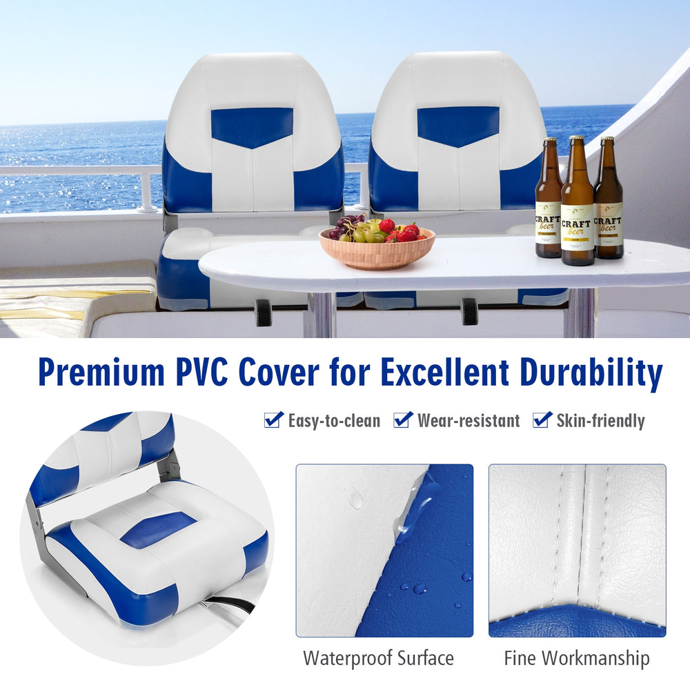 Set of 2 low back fishing boat seats in blue with durable PVC cover, designed for comfort and outdoor use.