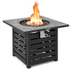 Square propane fire pit table with lava rocks, adjustable flame, and PVC cover for outdoor patio use.