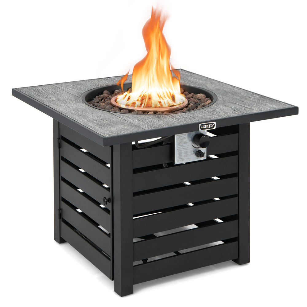 Square propane fire pit table with lava rocks, adjustable flame, and PVC cover for outdoor patio use.