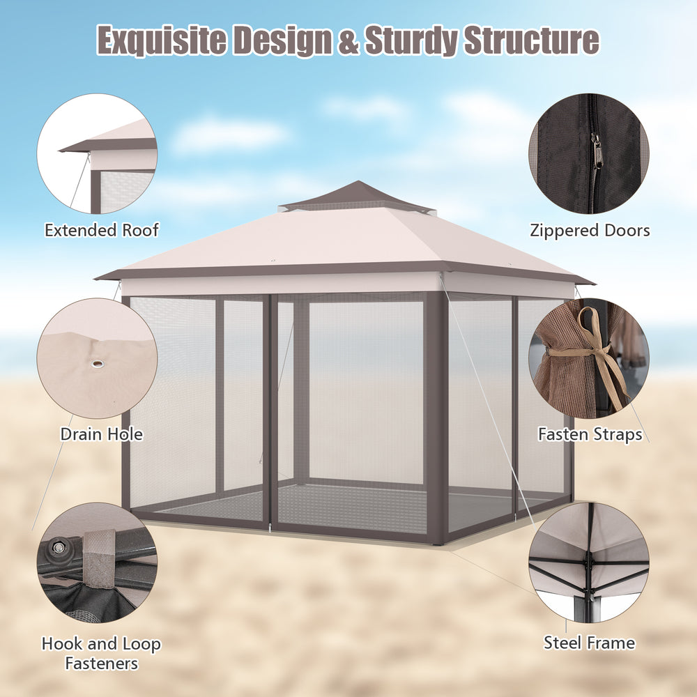 2-Tier pop-up gazebo tent with mesh screens, waterproof canopy, and powder-coated steel frame for outdoor sun shelter.