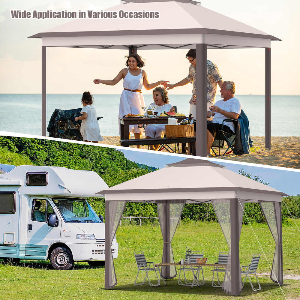 2-tier pop-up gazebo tent in beige with mesh screens, perfect for outdoor gatherings and sun protection.