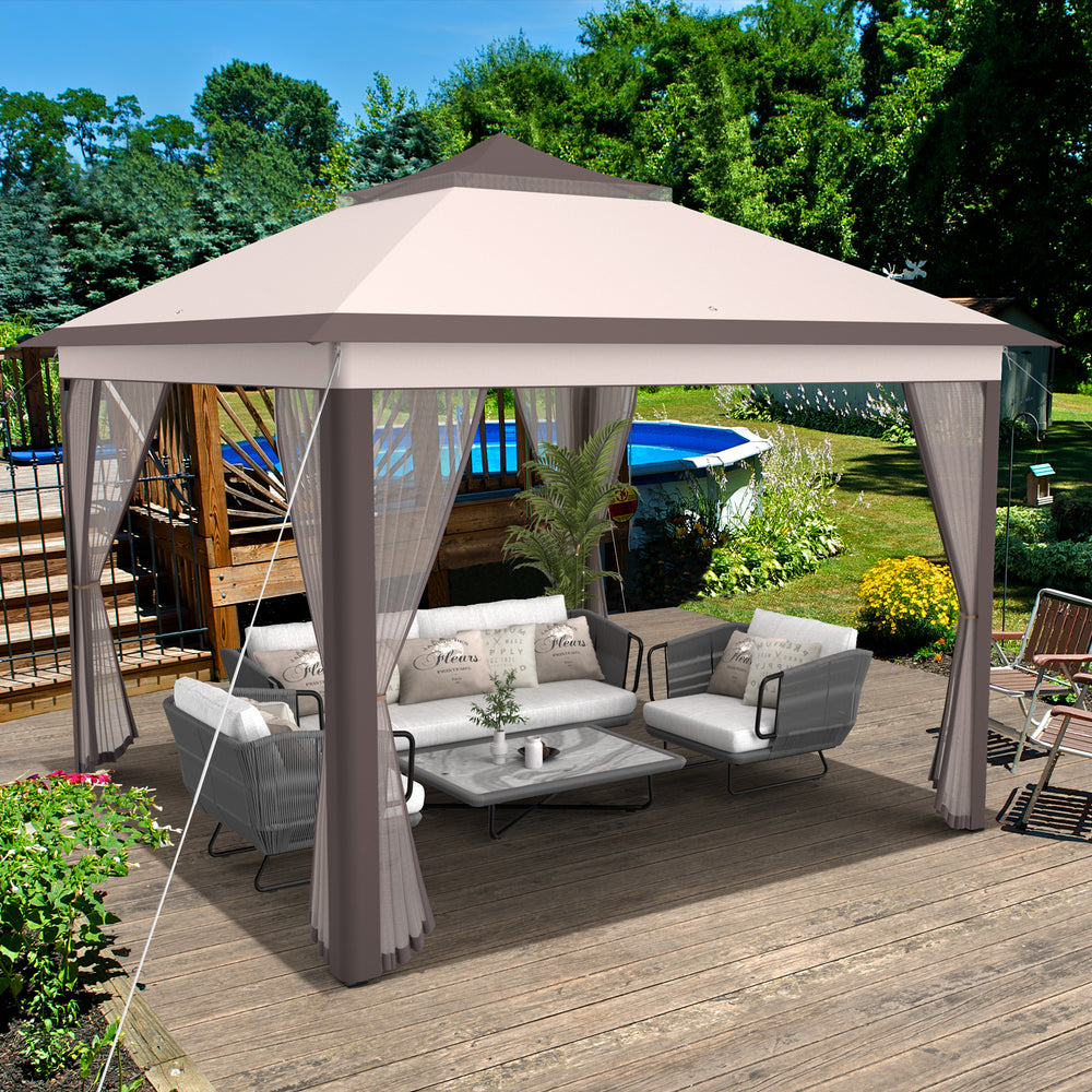 2-Tier Pop-Up Gazebo Tent Portable Canopy Shelter Carry Bag Mesh-Beige - Gallery View 1 of 11