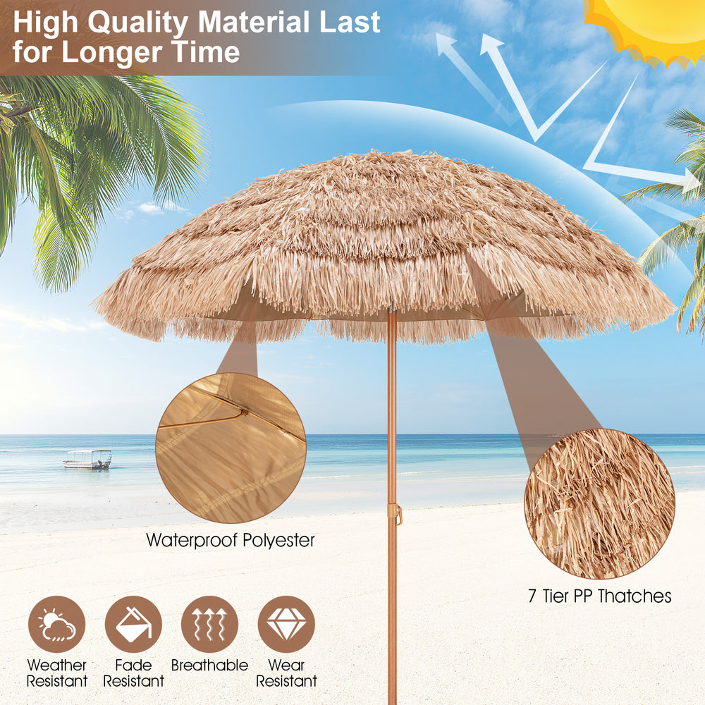 7.2 feet patio thatched tiki umbrella with waterproof polyester and 7-layer thatch for sun protection at the beach.