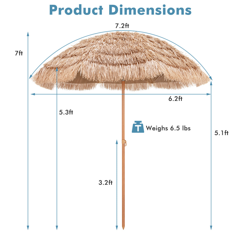 Dimensions of the 7.2 feet thatched tiki umbrella with a durable polyester canopy for sun protection and outdoor use.