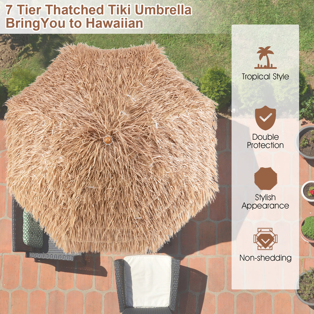 7.2 feet patio thatched tiki umbrella with 7-layer thatch for UV protection, perfect for tropical outdoor settings.