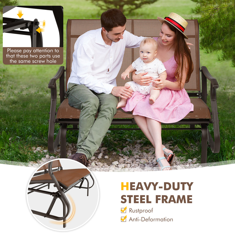 2-person patio glider bench with high back, curved armrests, and heavy-duty steel frame for outdoor relaxation.