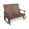 2-person patio glider bench in brown with high back, curved armrests, and sturdy steel frame for outdoor relaxation.