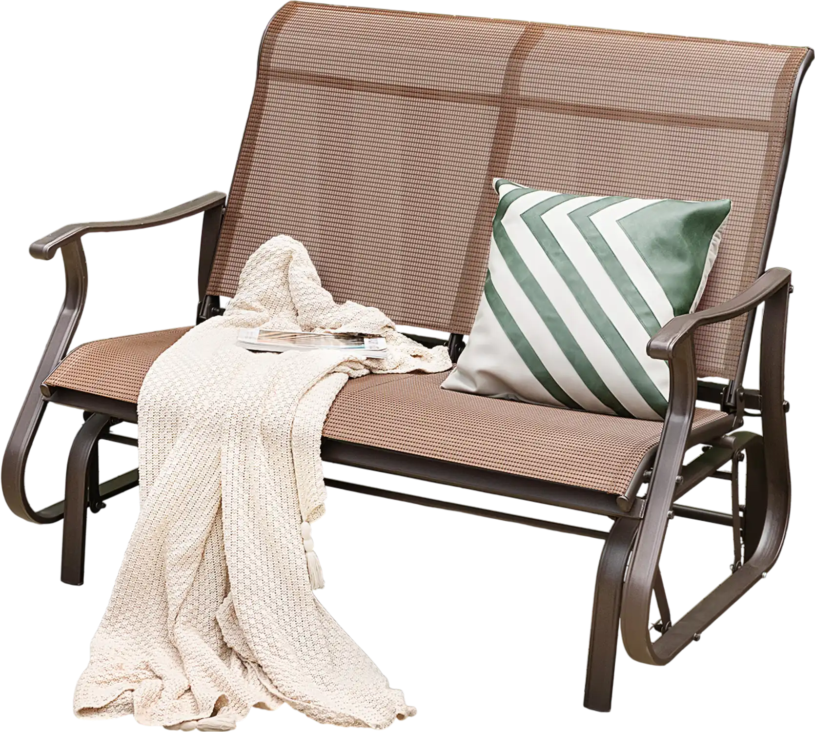 Costway 2-Person Patio Glider Bench High Back Curved Armrests Brown 04369217 New