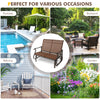 2-person patio glider bench in brown with high back and curved armrests, perfect for garden or backyard relaxation.