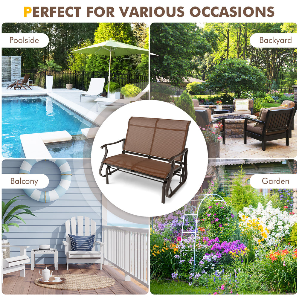 2-person patio glider bench in brown with high back and curved armrests, perfect for garden or backyard relaxation.