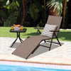 Brown patio foldable chaise lounge chair with backrest and footrest, perfect for poolside relaxation.