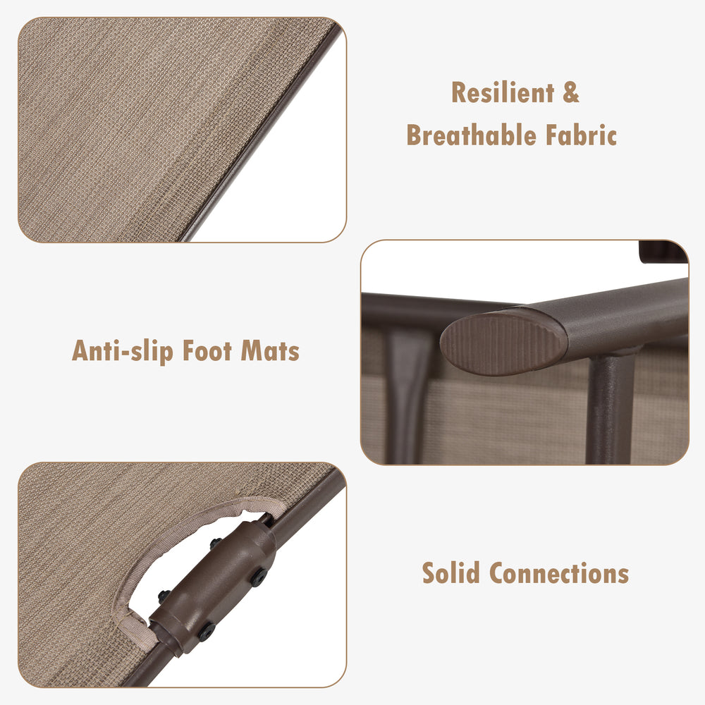 Close-up of the brown patio foldable chaise lounge chair showcasing breathable fabric and anti-slip foot mats for.
