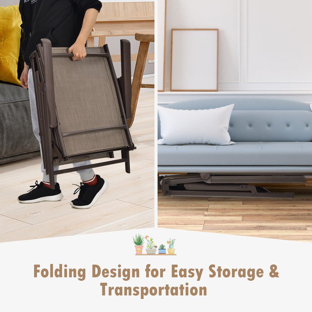 Brown foldable chaise lounge chair with backrest and footrest, designed for easy storage and transportation.