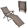 Brown patio foldable chaise lounge chair with adjustable backrest and footrest, perfect for garden or poolside.