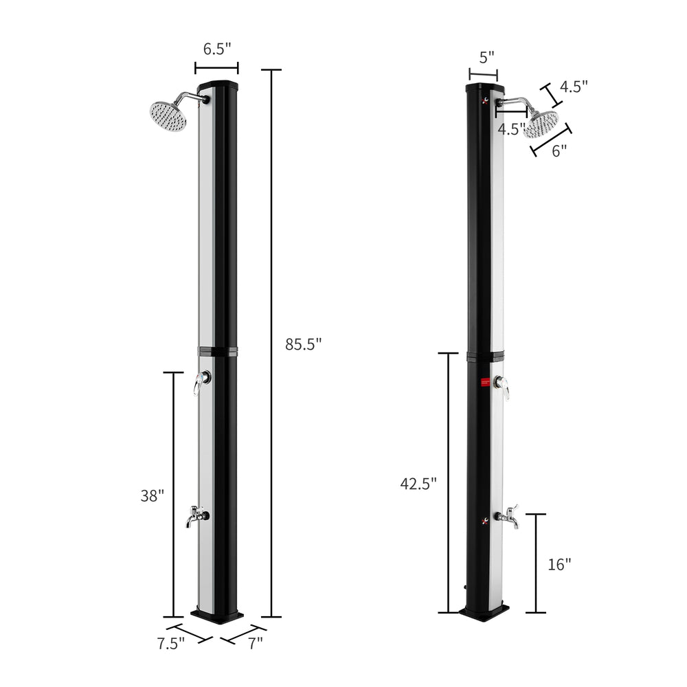 Solar heated shower with adjustable head, 9.3-gallon capacity, ideal for outdoor use and customizable water temperature.