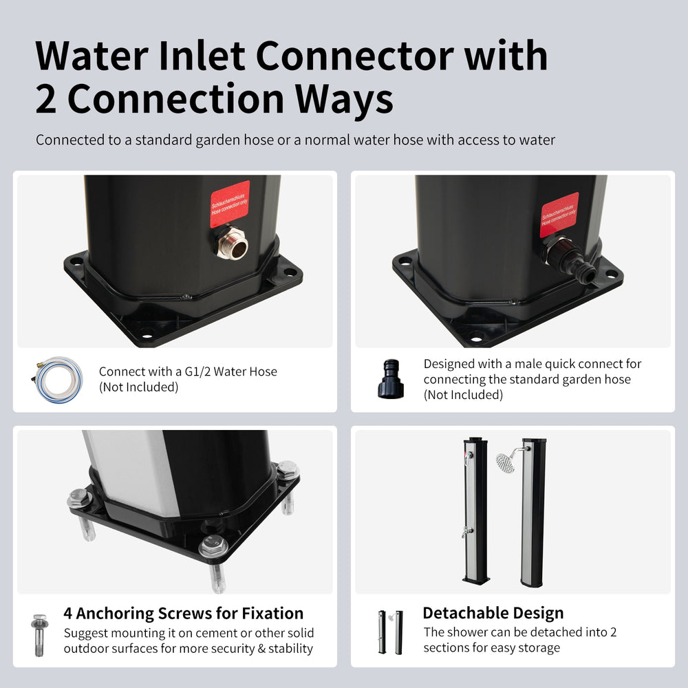 Solar heated shower with adjustable head, 9.3-gallon capacity, and hose connector for outdoor use.