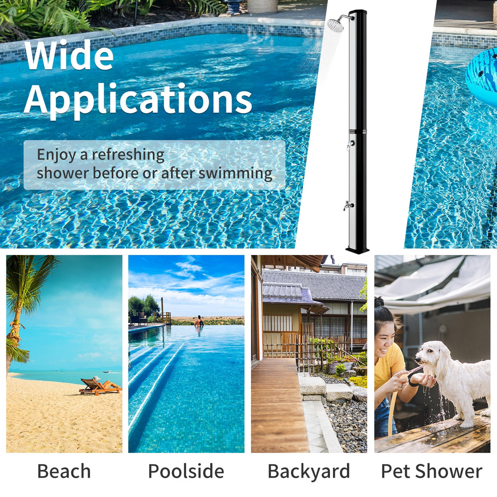 Solar heated shower with adjustable head and foot tap, 9.3-gallon capacity for outdoor use at beach or poolside.