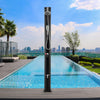 Solar heated outdoor shower with 9.3-gallon capacity, adjustable faucet, and foot shower, perfect for poolside use.
