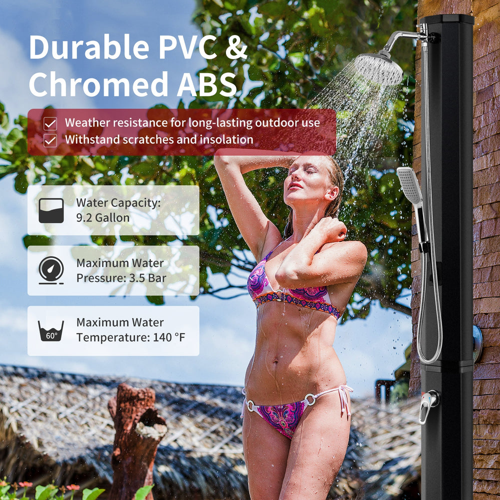 Solar heated outdoor shower with 9.3-gallon capacity, adjustable temperature, and handheld shower for easy use.