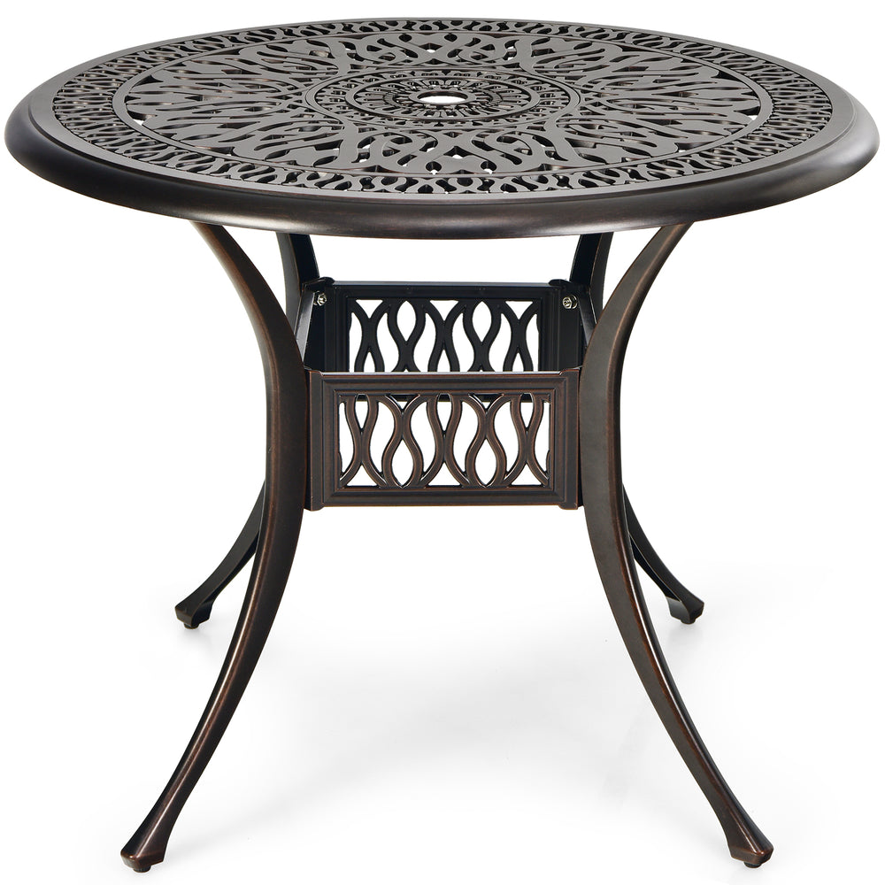 Round 36-inch patio dining bistro table in brown with intricate patterns and umbrella hole, ideal for outdoor use.