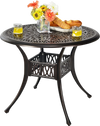 Round 36-inch patio dining bistro table in brown with elegant patterns, featuring an umbrella hole for outdoor use.