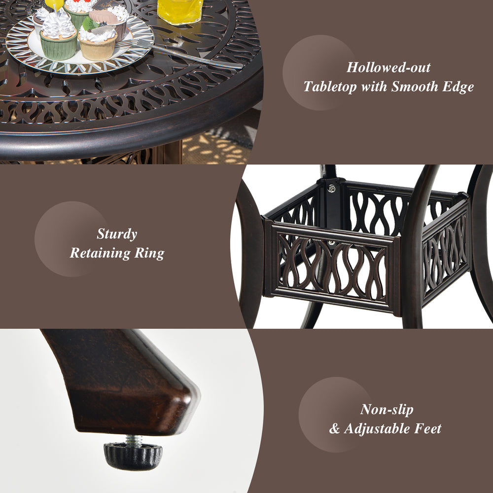 36-inch round patio dining bistro table in brown, featuring a hollowed-out tabletop, umbrella hole, and adjustable feet.