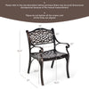 Outdoor cast aluminum chair with armrests, curved seat, and adjustable foot pads, ideal for patio and garden use.