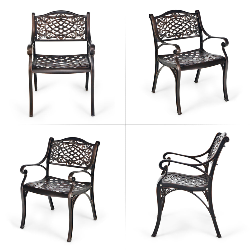 Two outdoor cast aluminum chairs with armrests, featuring a hollow-out design and adjustable foot pads for stability.