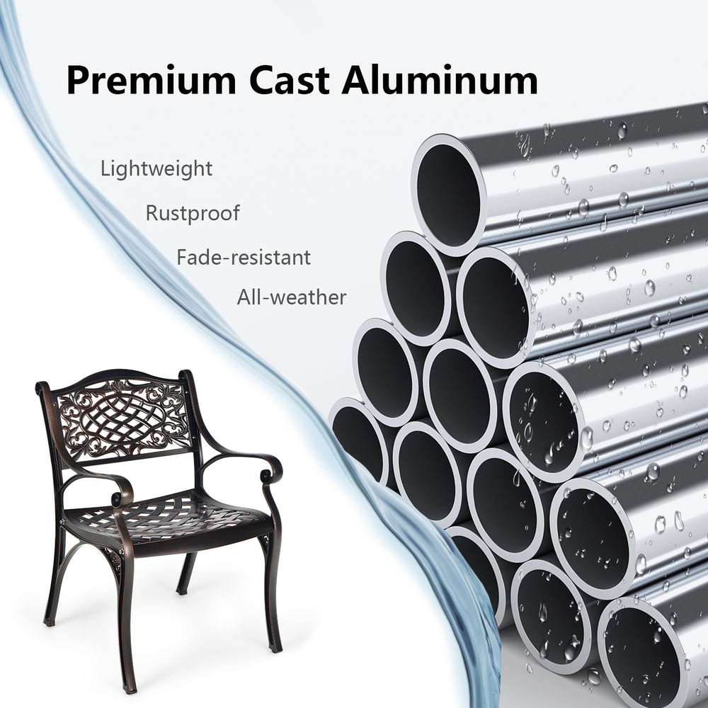 2-piece outdoor cast aluminum chairs with armrests, featuring a lightweight design and ergonomic curved seats for.