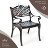 Outdoor cast aluminum chair with ergonomic curved seat and breathable hollow design, ideal for patio and garden use.