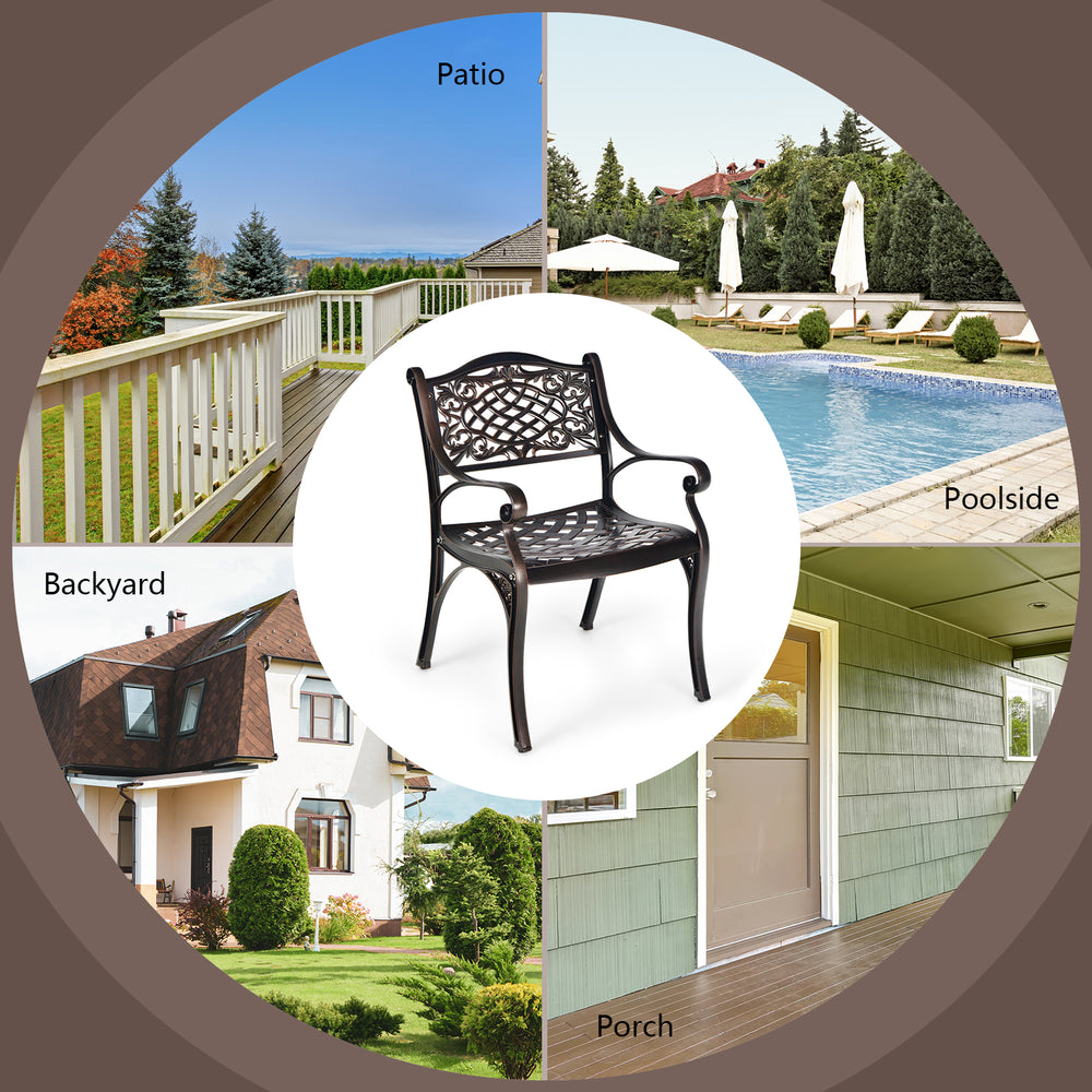 2-piece outdoor cast aluminum chairs with armrests, featuring a hollow-out design for comfort, ideal for patio or.
