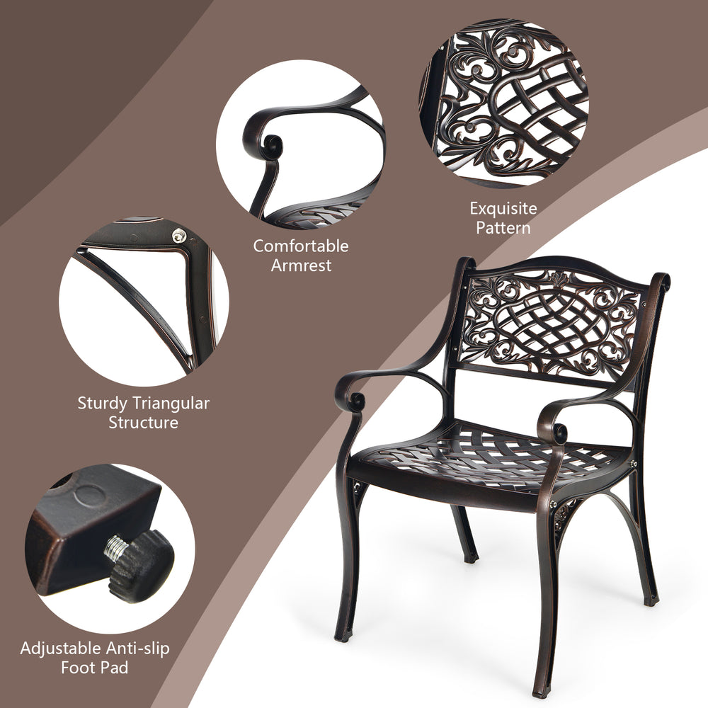 Outdoor cast aluminum chair with armrests, curved seat, and adjustable anti-slip foot pads for patio and garden use.