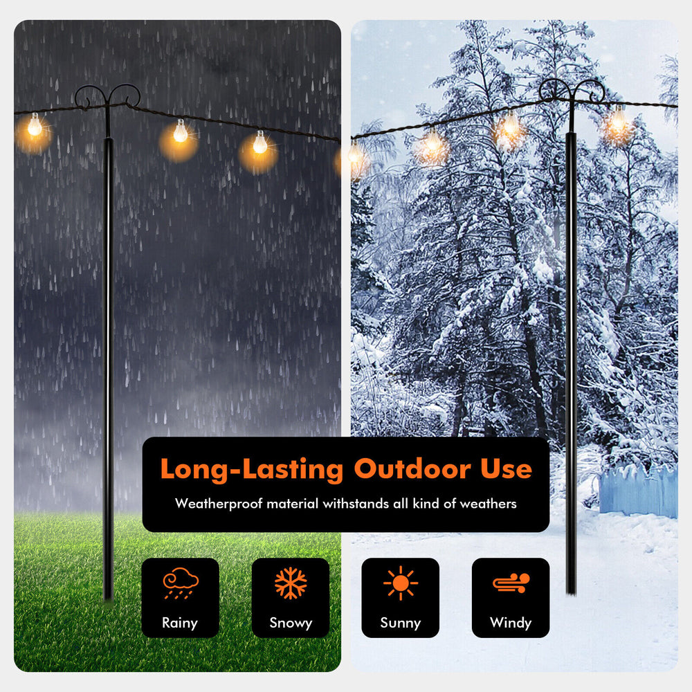 Outdoor string light poles with top arc hook and 5-prong base, made of weatherproof carbon steel for stability.