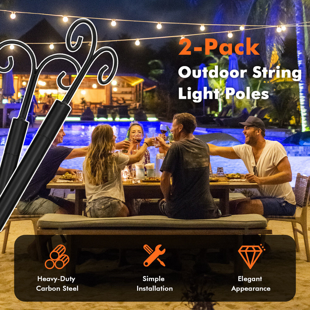 Two outdoor string light poles with arc hooks, made of heavy-duty carbon steel, ideal for decorating patios and.