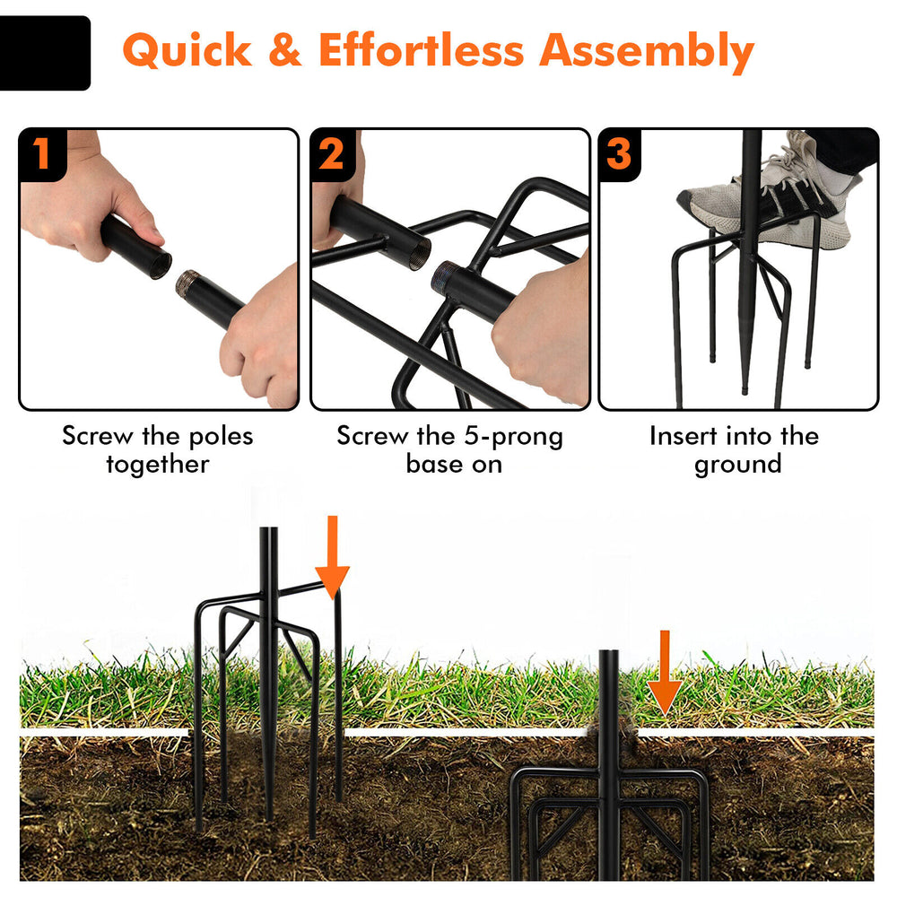 String light poles with 5-prong base and arc hook for easy outdoor decoration, featuring tool-free assembly and.