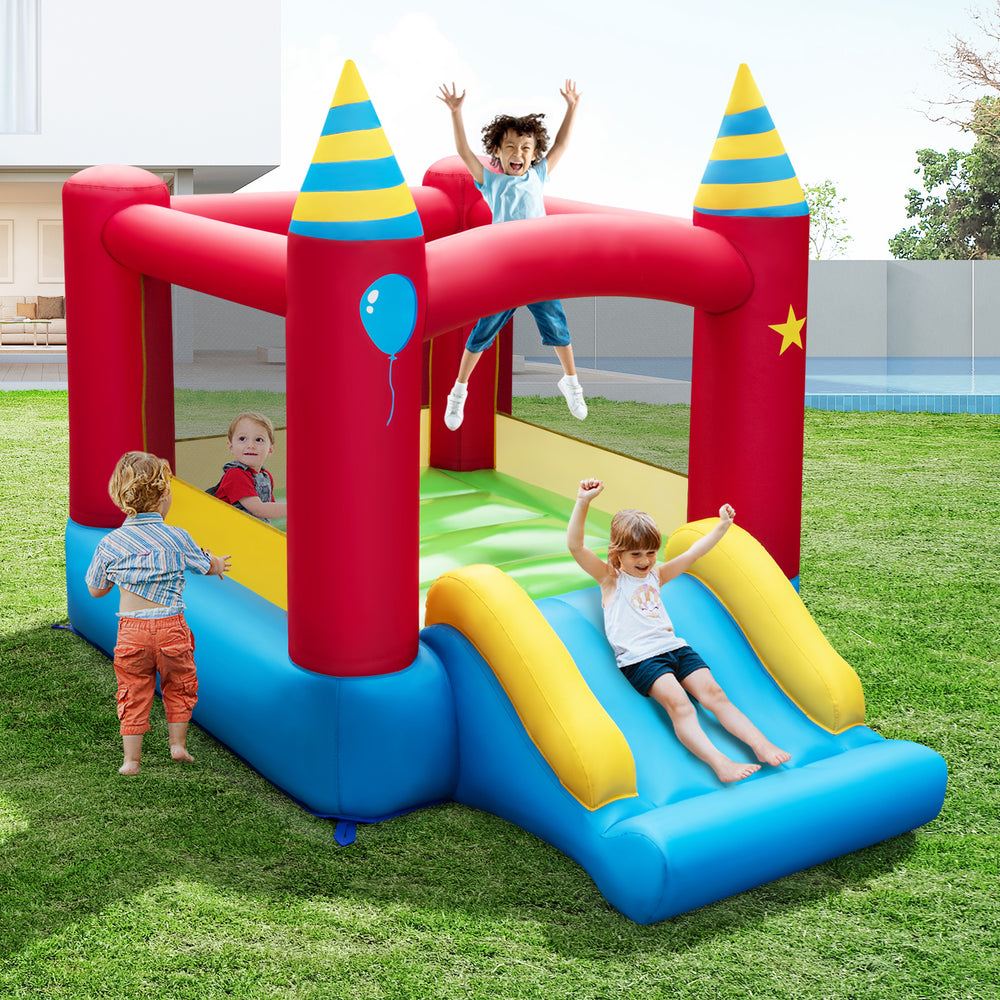 Inflatable kids bounce castle with slide, made of durable 420D oxford cloth, perfect for outdoor fun and safety.