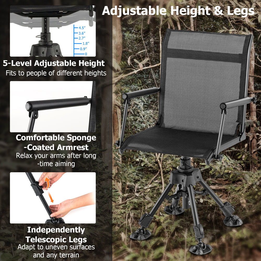 Folding swivel patio chair with adjustable height, breathable mesh, and ergonomic armrests for comfortable outdoor.