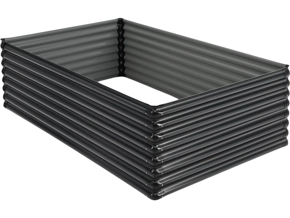 Dark gray galvanized metal raised garden bed with wave-shaped surfaces, designed for durability and effective drainage.